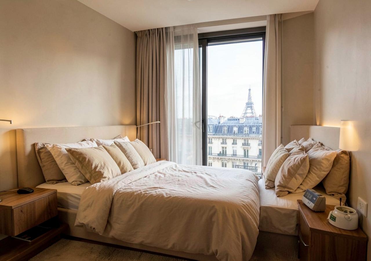 Bedroom area with view of the Eiffel Tower